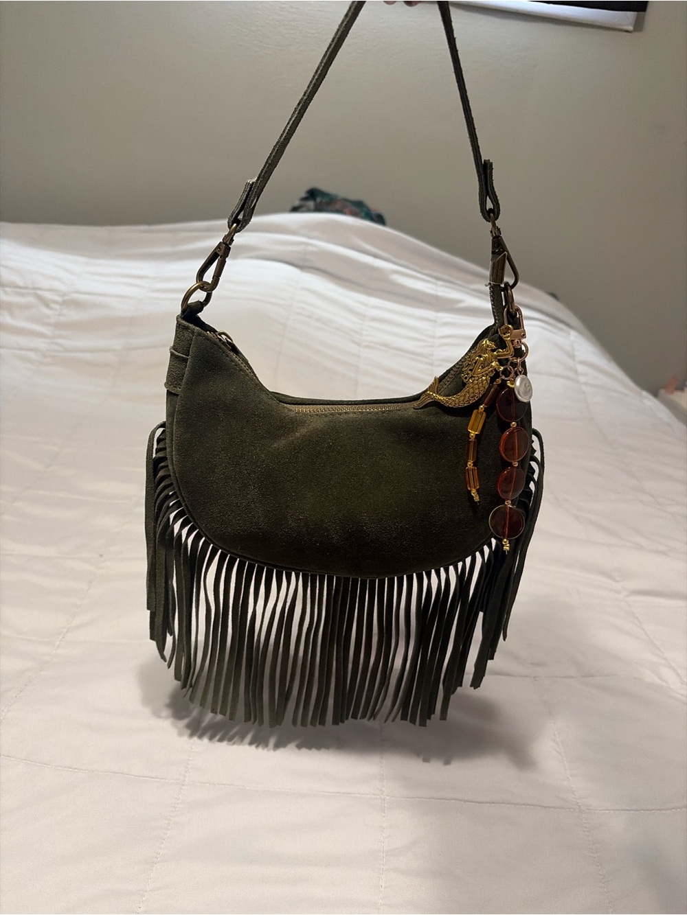 Olive Green Fringed Shoulder Bag